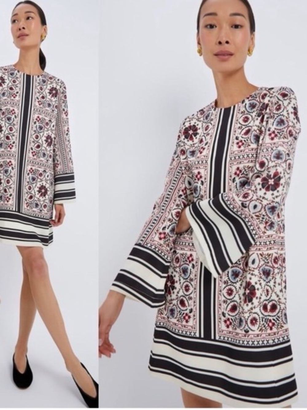 Floral Geometric Long-Sleeve Shift Dress - Red White & Black